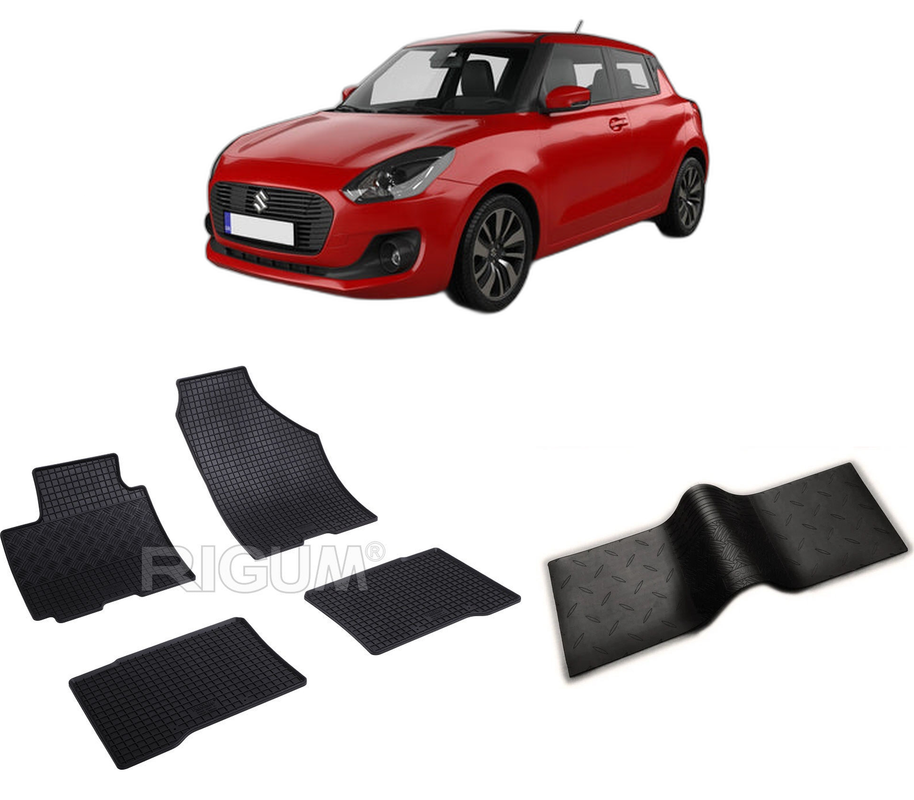 Set covorase auto SUZUKI SWIFT din 05.2017-06.2020, cu covoras tunel median, CAROSERIE HATCHBACK, Presuri cauciuc 100%, compatibil cu autoturismul SUZUKI SWIFT, Rigum