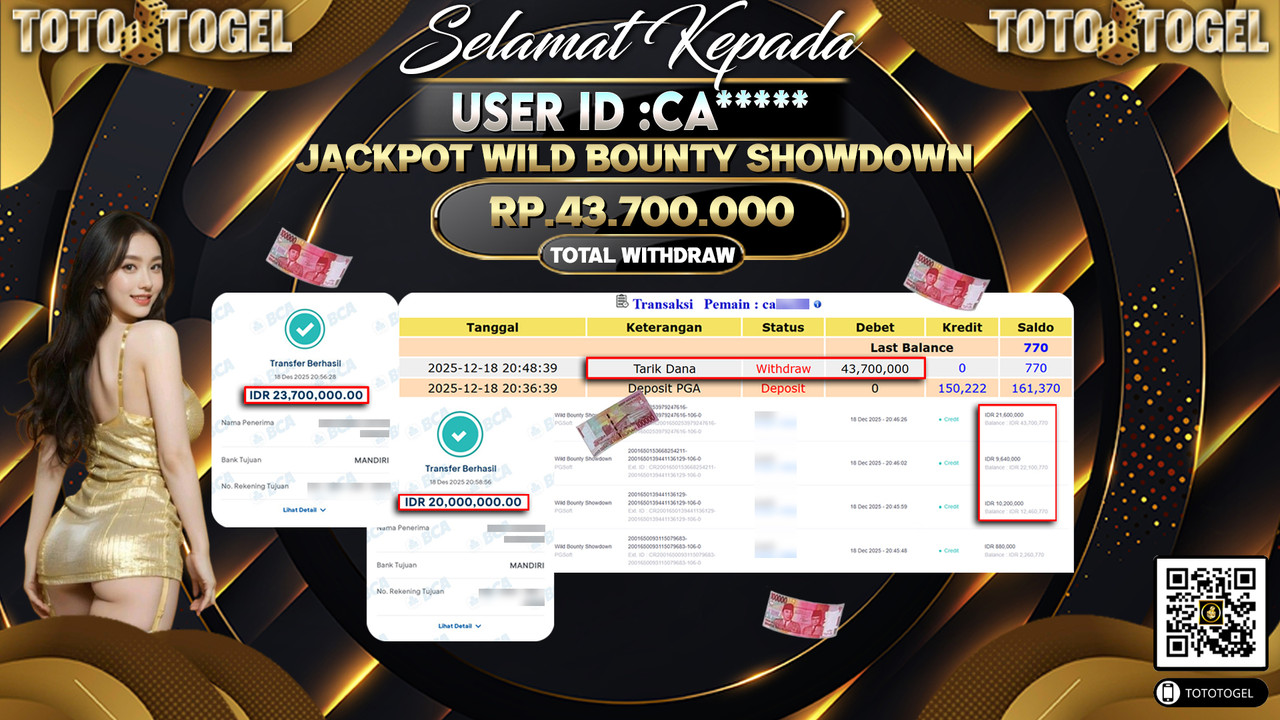 Bukti Pembayaran Jackpot Permainan Slot Wild Bounty Showdown ID:CA***** LUNAS