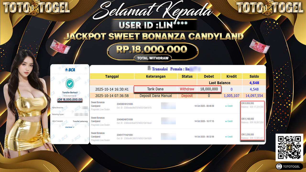 Bukti Pembayaran Jackpot Permainan Live Dealer Sweet Bonanza CandyLand  ID:LIN**** LUNAS