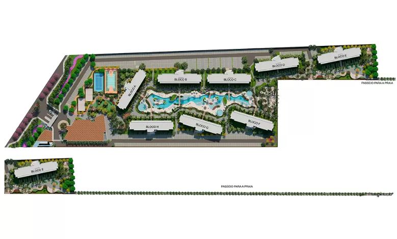 Implantação do Beach Class Marine com piscinas e áreas verdes