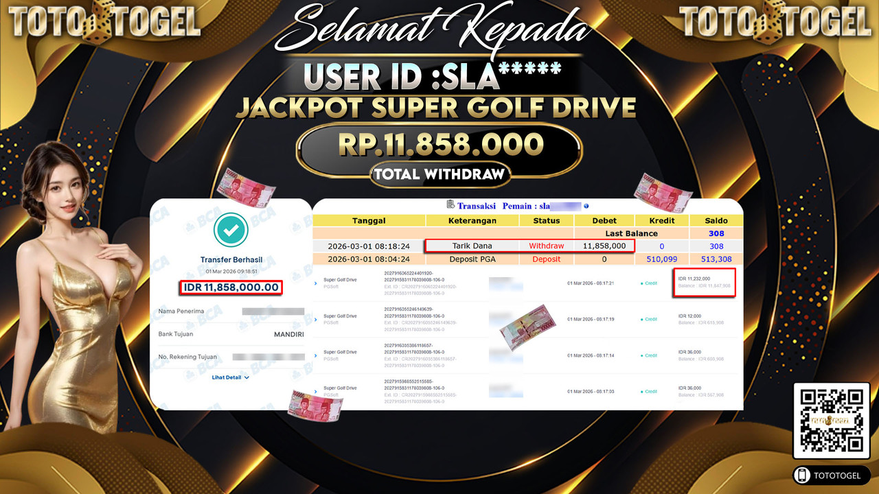 Bukti Pembayaran Jackpot Permainan Slot Super Golf Drive ID:SLA*****LUNAS