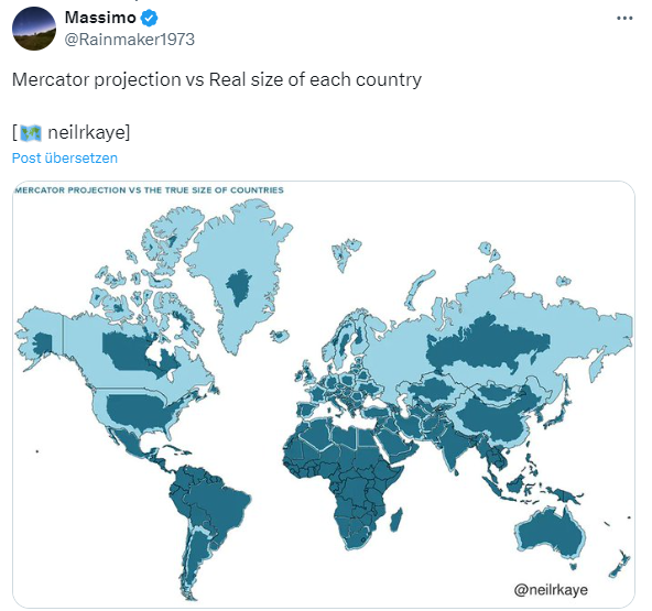 Weltkarte: Real versus Mercator-Projektion