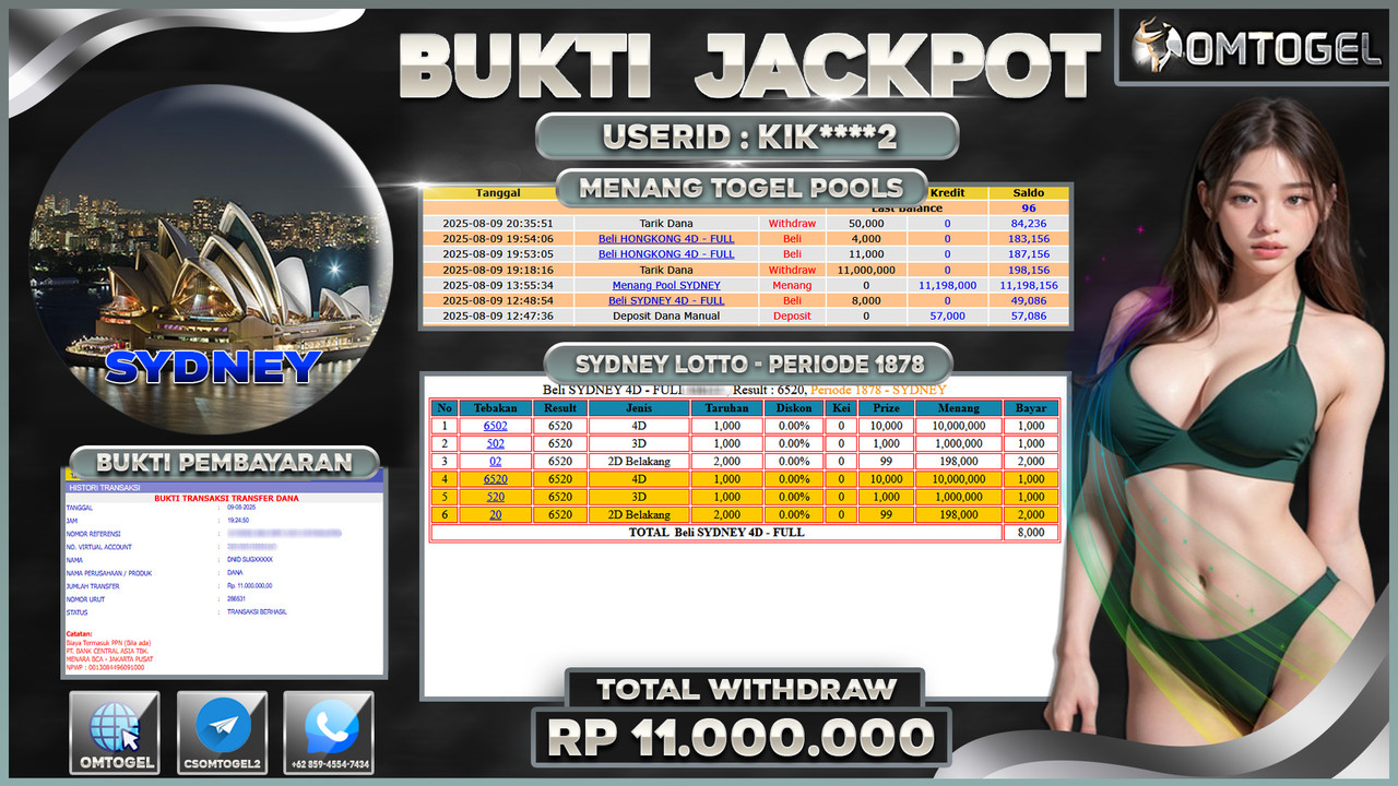 OMTOGEL JACKPOT SYDNEY LOTTO 4D 3D 2D 11 JUTA DI BAYAR LUNAS ,-