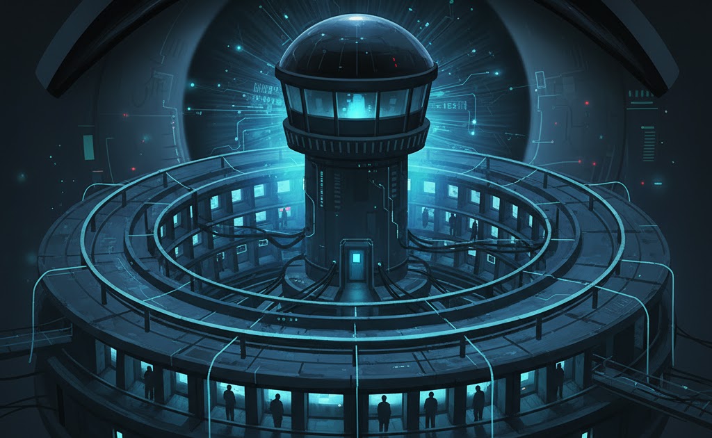 Ilustración de un panóptico digital futurista