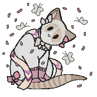 a pixel drawing of Day, a almond-beige lyxpoint and white not-cat, sitting and looking towards the camera with her head titled to the site. She is wearing pink socks, pink and white ribbons with a white bowtie, and streamers colored to match the queer flag. They are surrounded by white butterflies and pink petals. cat ID 73919
