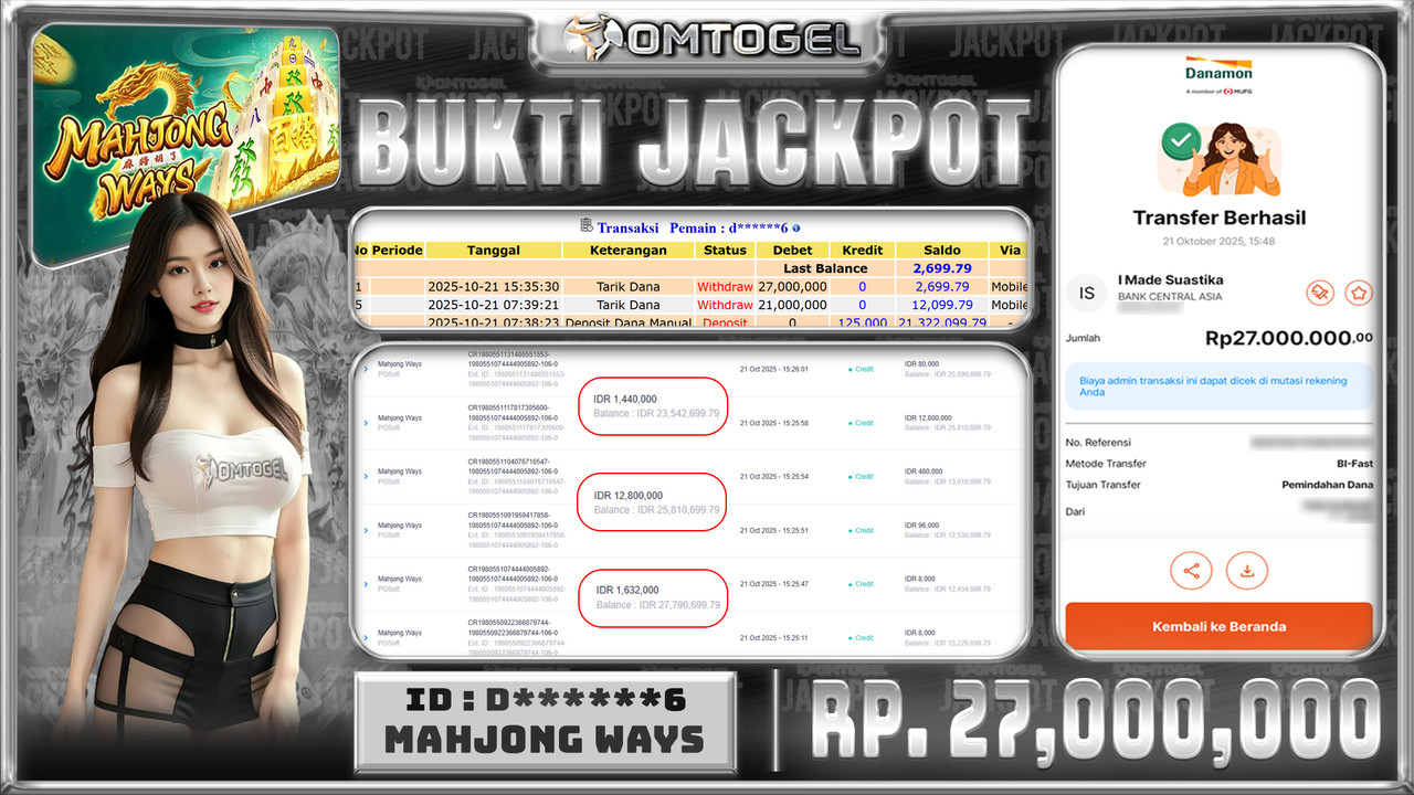 OMTOGEL JACKPOT PGSOFT MAHJONG WAYS 27 JUTA DI BAYAR LUNAS ,-