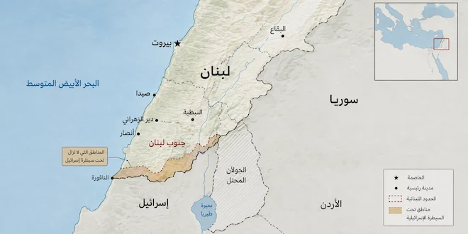 صورة توضيحية لخريطة لبنان توضح مناطق التوتر والتصع