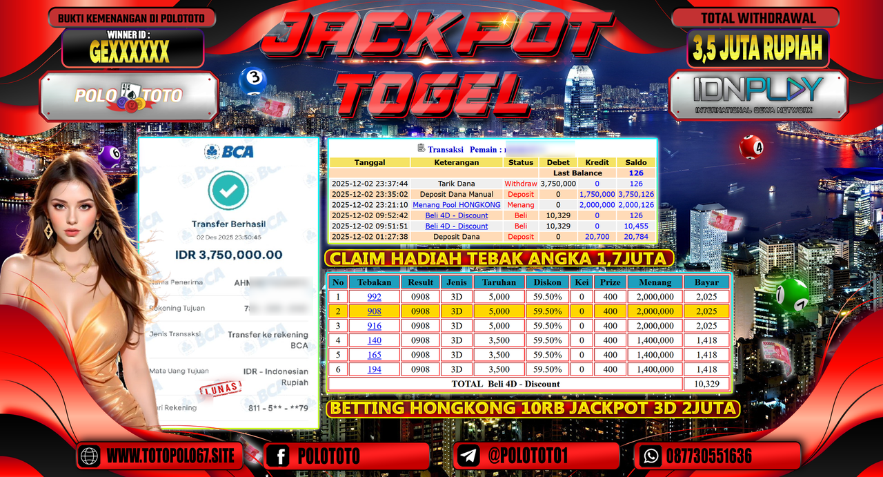POLOTOTO JACKPOT TOGEL MENANG HONGKONG LOTTO Rp.3.500.000,- LUNAS