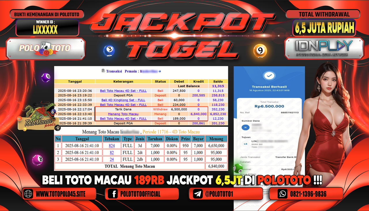 POLOTOTO JACKPOT TOGEL TOTO MACAU Rp.6.500.000,-