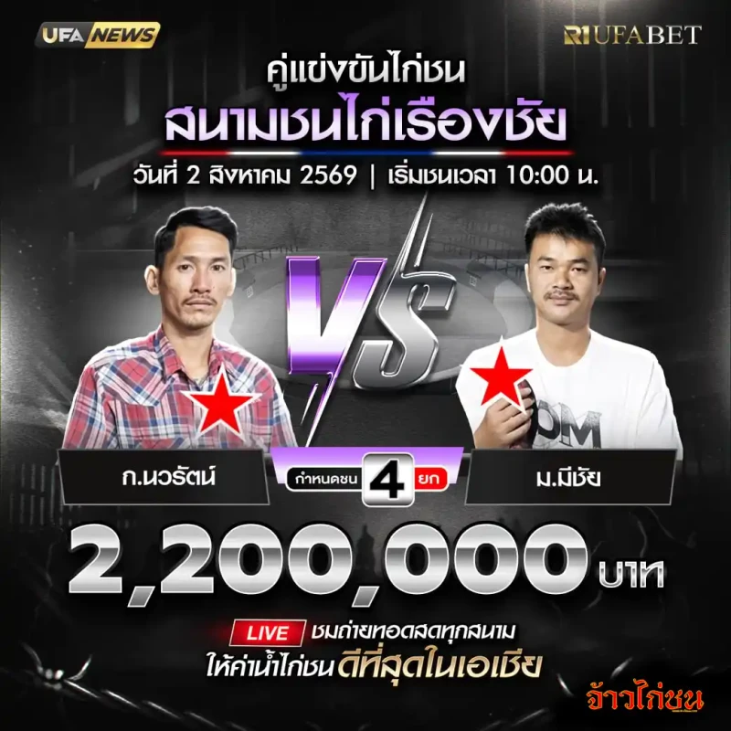 โปรแกรมไก่ชนสนามชนไก่เรืองชัย 2 สิงหาคม 2569 ก.นวรัตน์ พบ ม.มีชัย