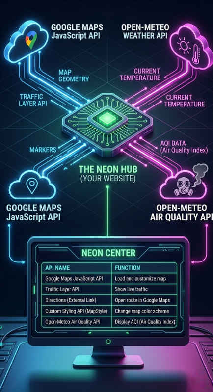 Code snippets for 'initMap', 'updateData', and 'goToExternal' functions in a dark neon editor