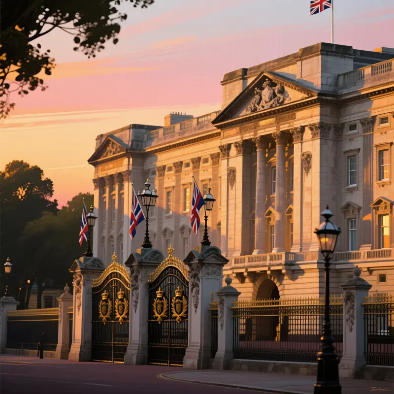 Buckingham Palace at sunset, symbol of the Royal Family with golden light, latest royal family news 2025