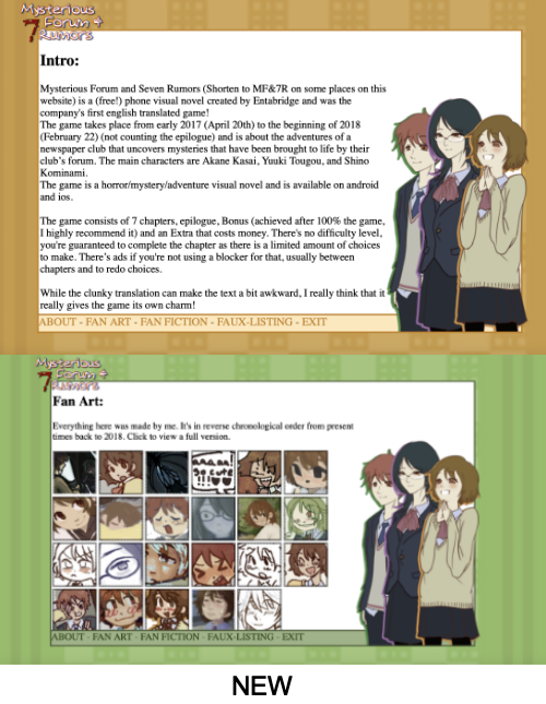 The new versions of the page, the picture shows both the about and fan art pages