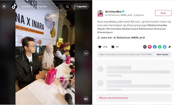 Momen pertama kali Inara Rusli membuka cadar terlihat dalam unggahan akun TikTok @drrichardlee.