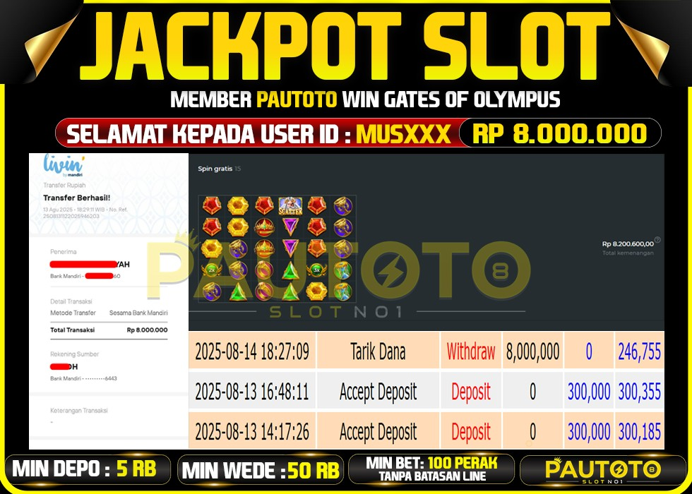 BUKTI PEMBAYARAN TGL 13 AGUSTUS 2025 MENANG DI PERMAINAN GATES OF OLYMPUS TOTAL WD 8 JUTA