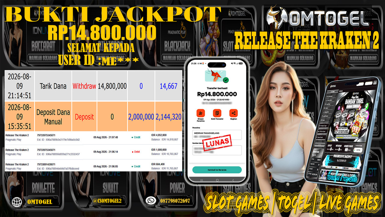 OMTOGEL JACKPOT PRAGMATICPLAY RELEASE THE KRAKEN 2  Rp,14,800,000,- DIBAYAR LUNAS