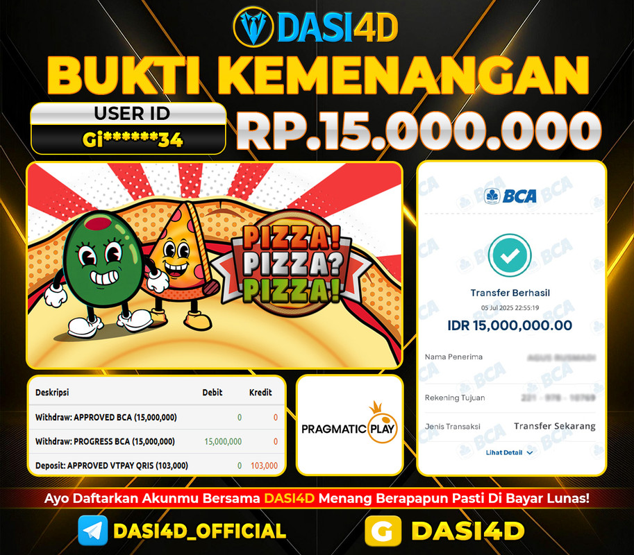 BUKTI KEMENANGAN 06 JULI 2025 DI PIZZA RP 15.000.000