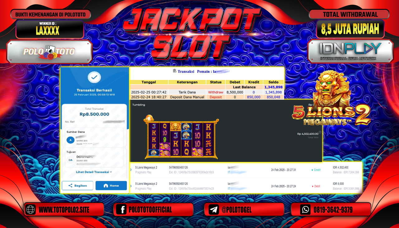 POLOTOTO JACKPOT SLOT 5 LIONS MEGAWAYS 2 Rp.8.500.000,-