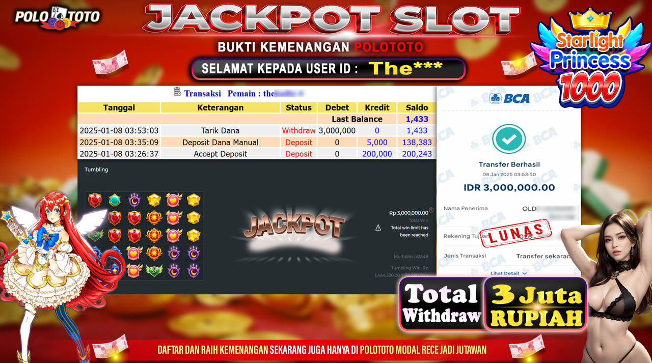 POLOTOTO JACKPOT SLOT STARLIGHT PRINCESS 1000 Rp.3,000.000,-