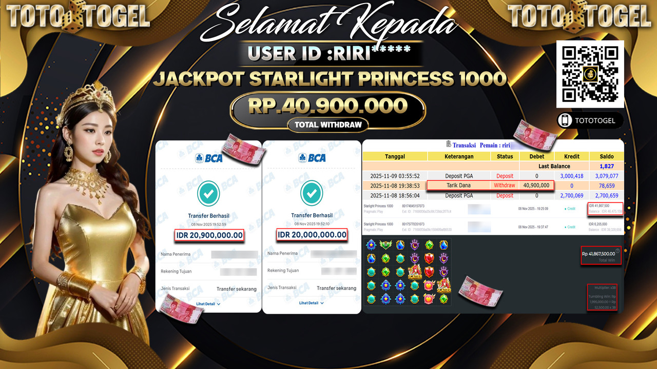 Bukti Pembayaran Jackpot Permainan Slot Starlight Princess 1000 ID:RIRI**** LUNAS