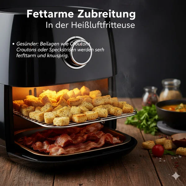 Heißluftfritteuse mit zwei Ebenen: oben knusprige Croutons, unten gebratene Speckstreifen, Dampf steigt auf.