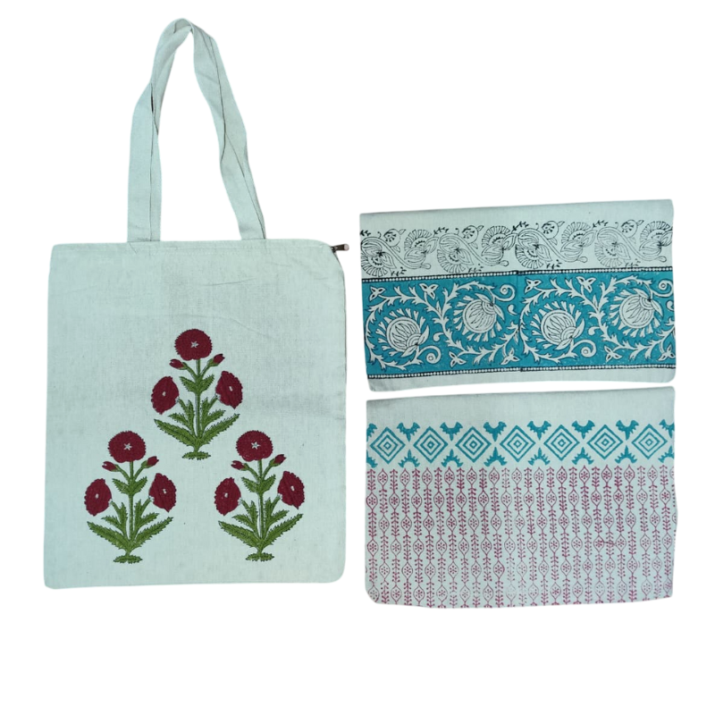 Qyaari by Penkraft Hand Block Printed Tote Bags – Set of 3 Pattern 3