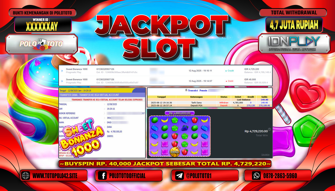 POLOTOTO JACKPOT SLOT SWEET BONANZA 1000 Rp.4.700.000,-LUNAS