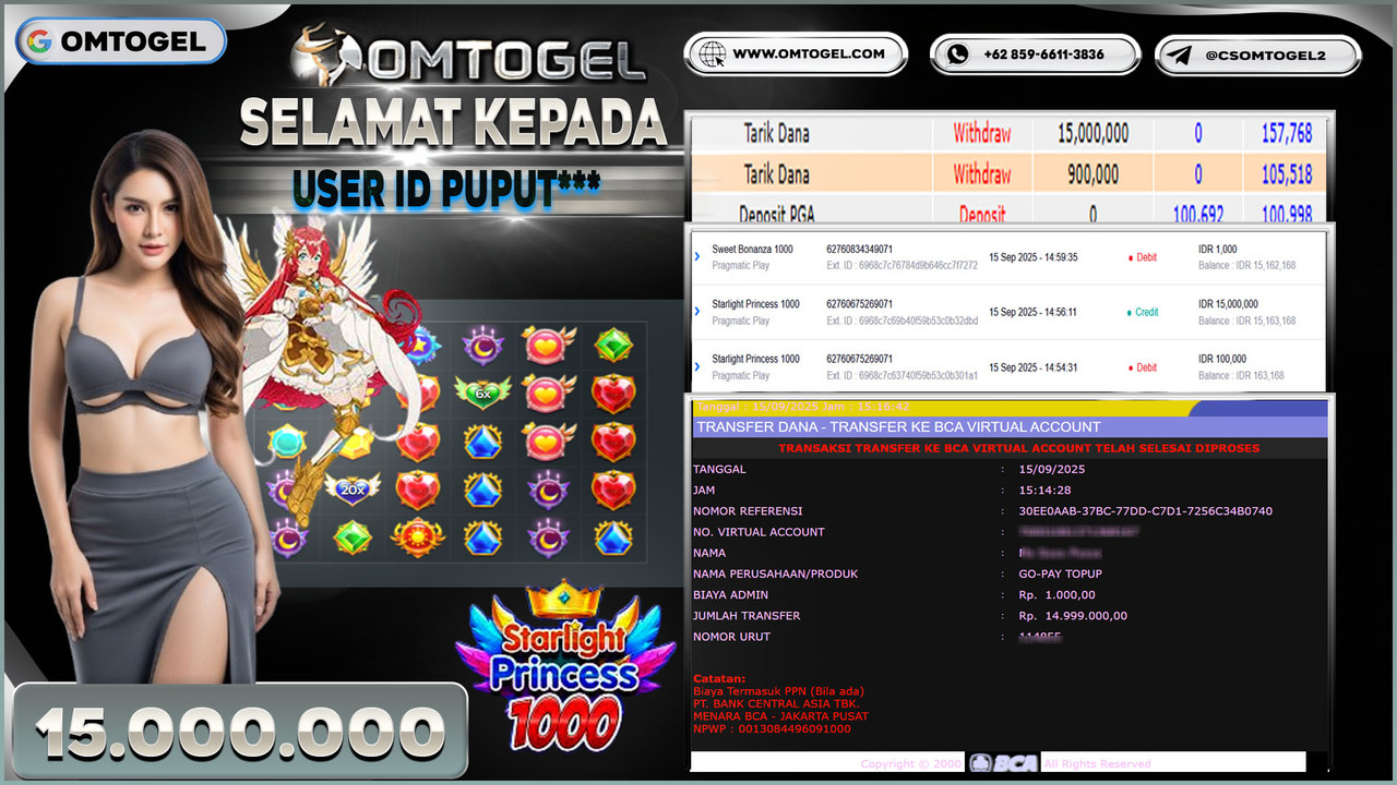 OMTOGEL JACKPOT PRAGMATIC PLAY STARLIGHT PRINCESS 1000 15 JUTA DI BAYAR LUNAS ,-
