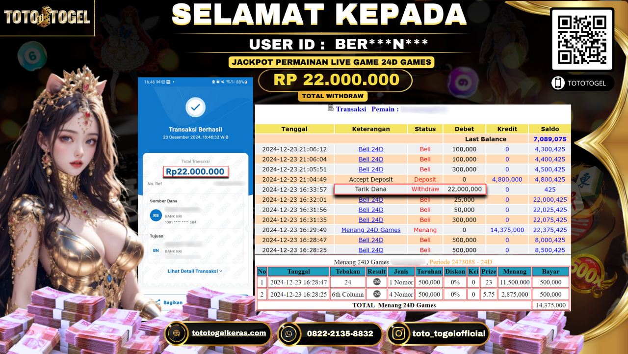 Bukti Pembayaran Jackpot  Permainan Live Game 24D Games : BER***N*** LUNAS