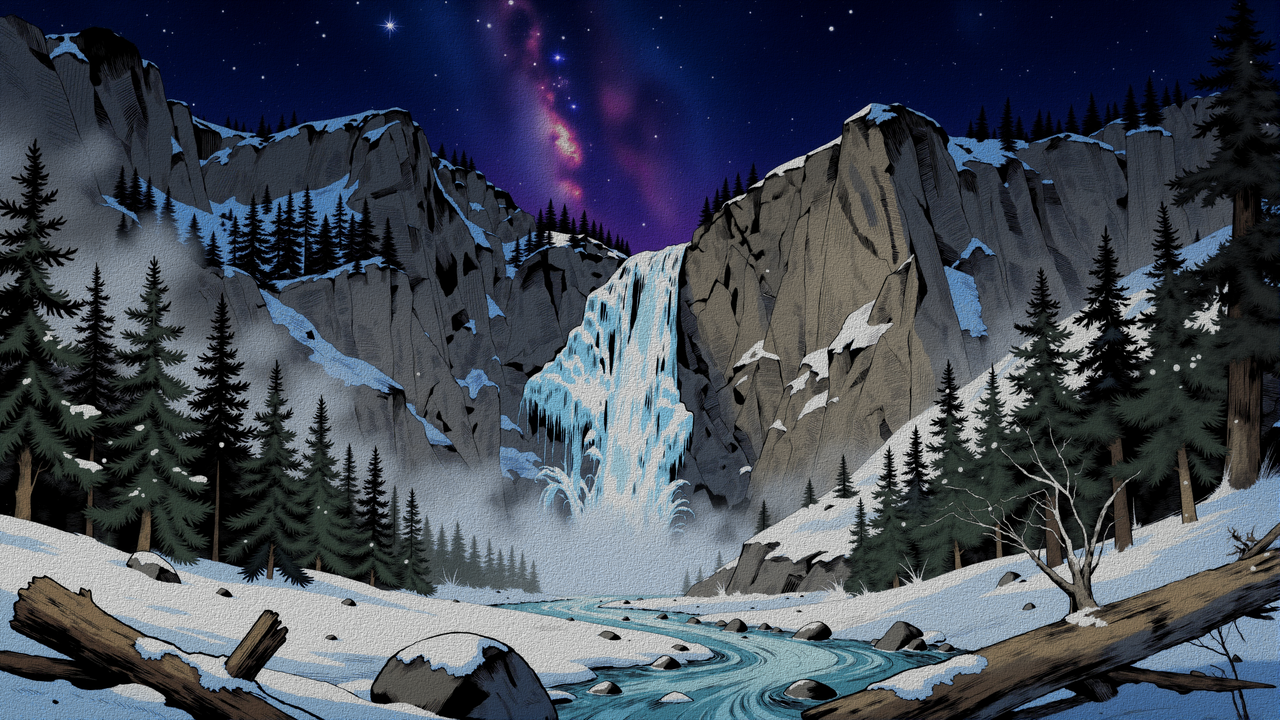 Winter Mountain Cascade Night