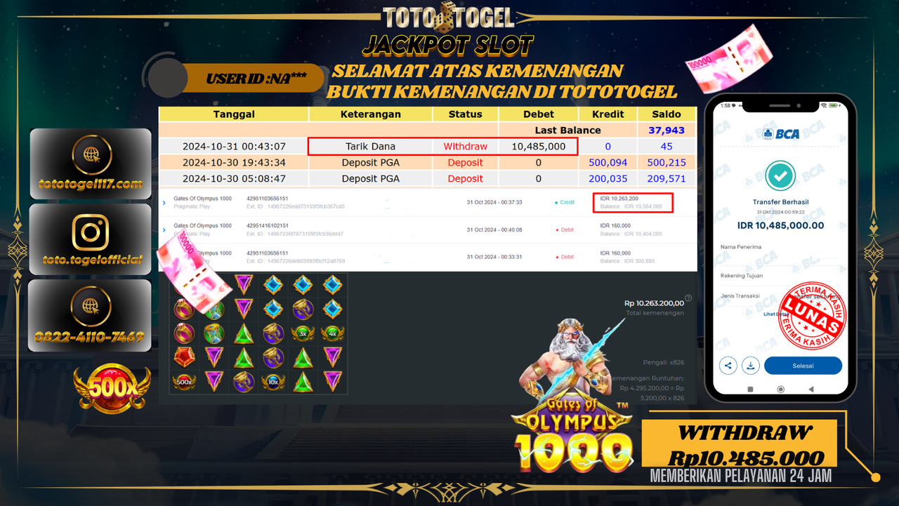 Bukti Pembayaran Permainan Slot Gates Of Olympus 1000 ID:NA*** LUNAS 