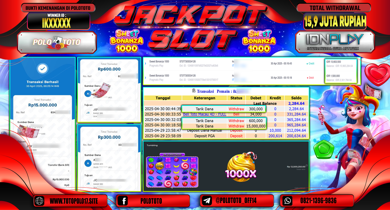 POLOTOTO JACKPOT SLOT SWEET BONANZA 1000 Rp.15.900.000,-