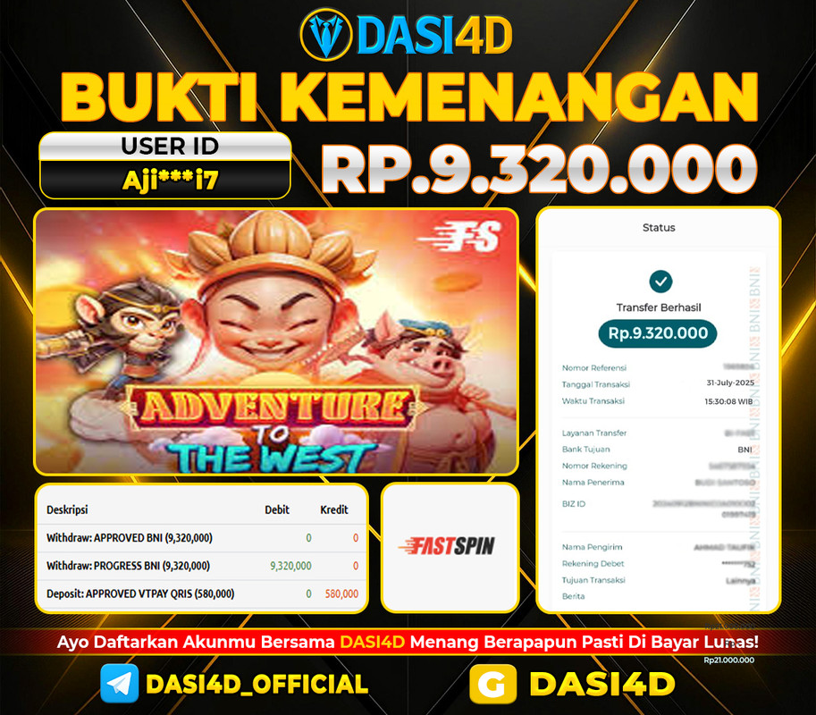 BUKTI KEMENANGAN 31 JULI DI ADVENTURE TO THE WEST RP 9.320.000