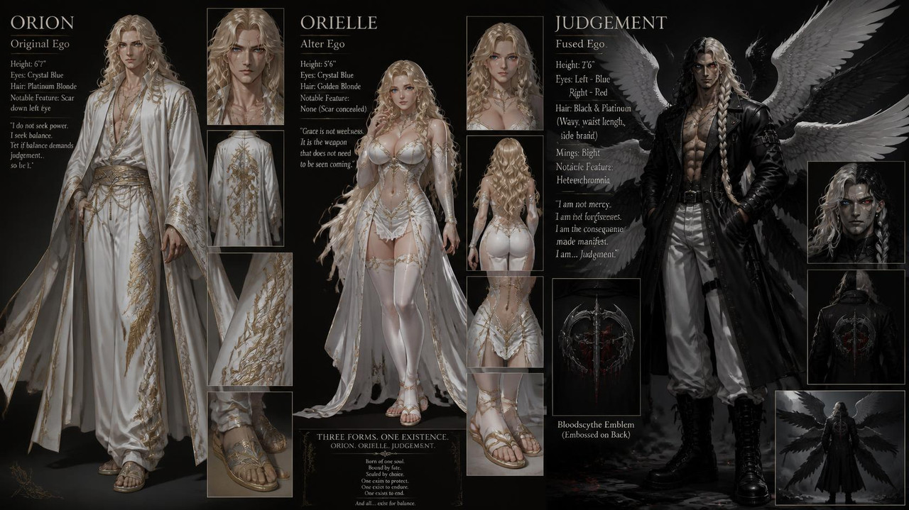 Orion is a tall male with White robes with Gold and silver trimming He has Loose white paints with