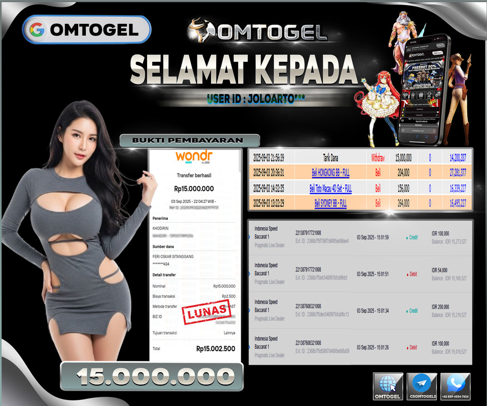 OMTOGEL JACKPOT PRAGMATIC CASINO INDONESIA SPEED BACCARAT 1 15 JUTA DI BAYAR LUNAS ,-