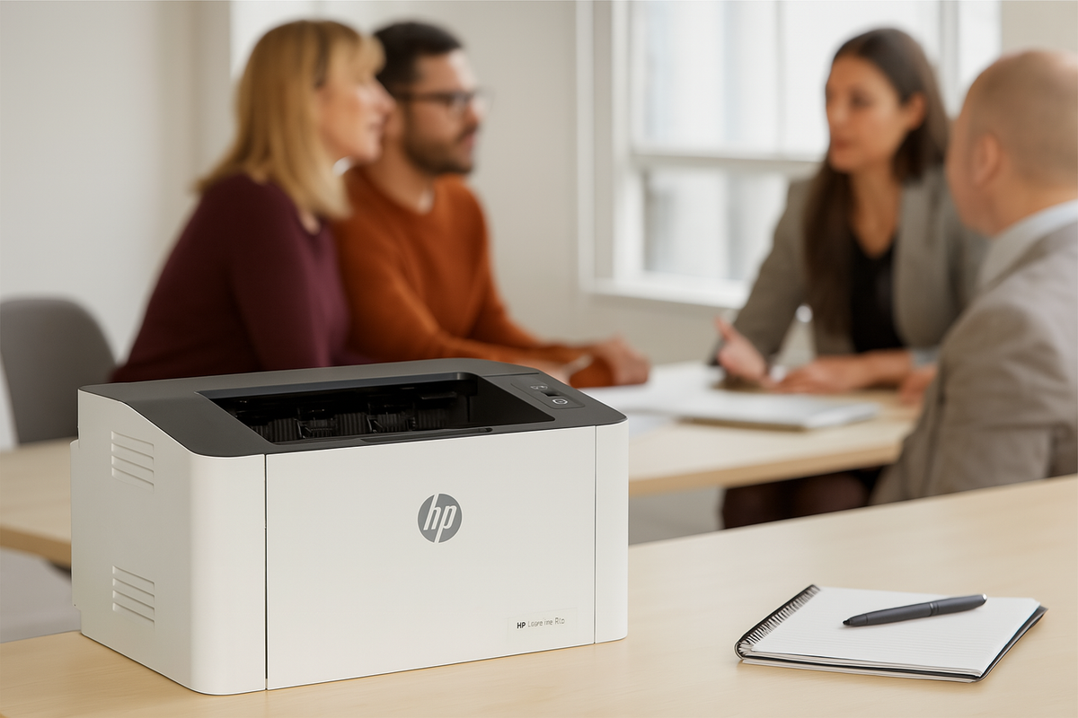 Impressora HP LaserJet Mono 107A em ambiente de escritório