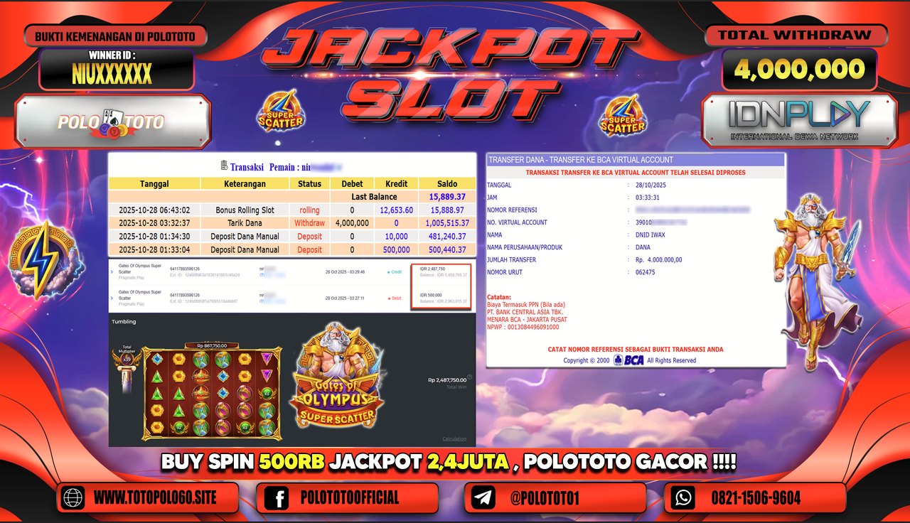 POLOTOTO JACKPOT SLOT GATES OF OLYMPUS SUPER SCATTER Rp.4.000.000,- LUNAS
