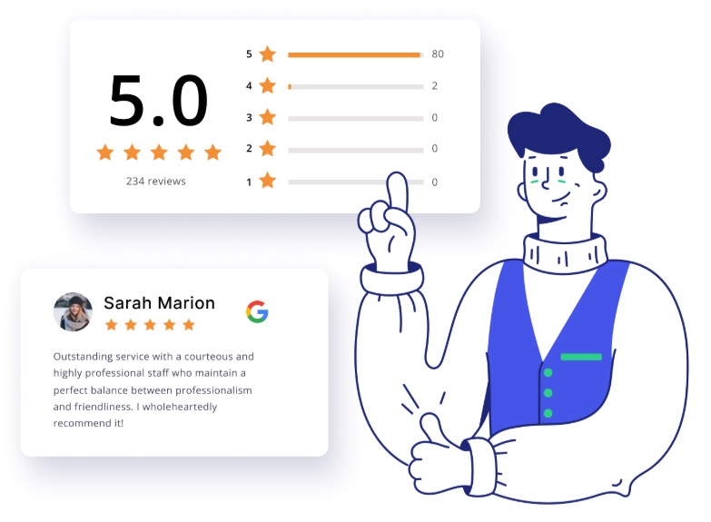 SEO dashboard showing reviews, rankings, and visibility improvements