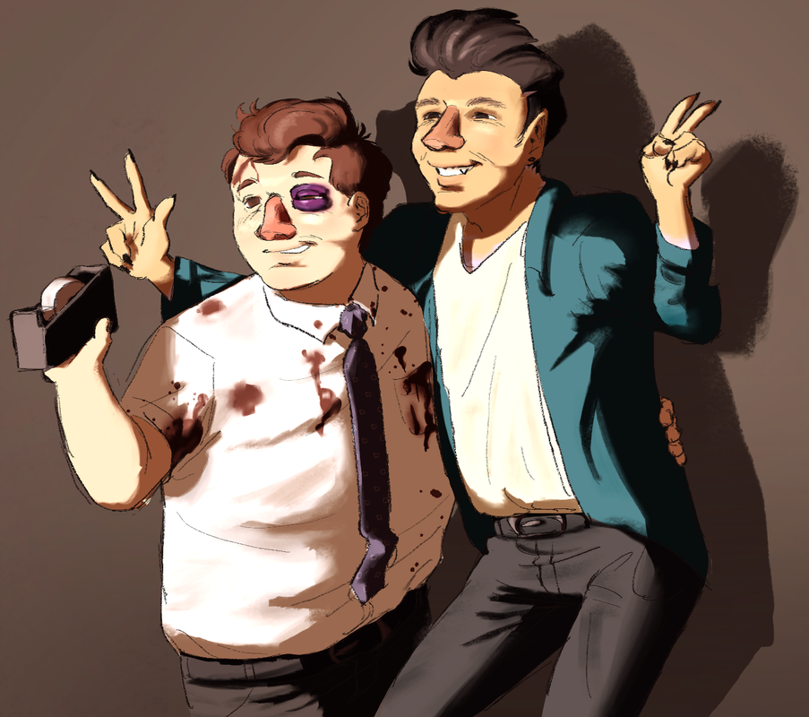 a coloured and shaded sketch of protag and busdriver in halloween costumes
