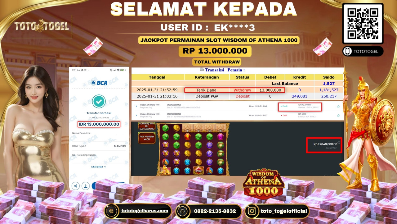 Bukti Pembayaran Jackpot  Permainan Slot Wisdom Of Athena 1000  ID:EK****3 LUNAS