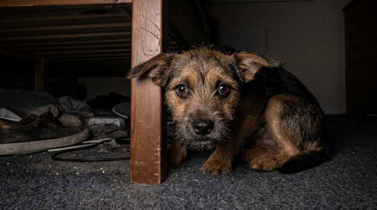 Cachorro com medo escondido embaixo do sofá durante barulho de fogos — sinais de estresse em pets