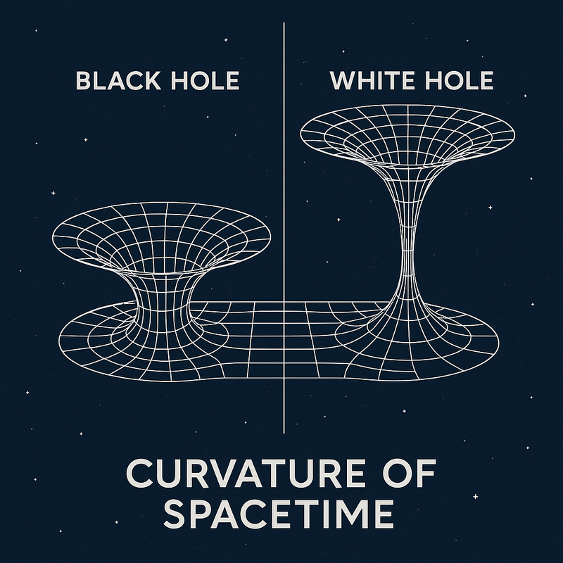 Diagram showing spacetime curvature around a black hole and a white hole.