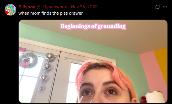 Screenshot of a pixielocks video with a tweet that says when mom finds the piss drawer