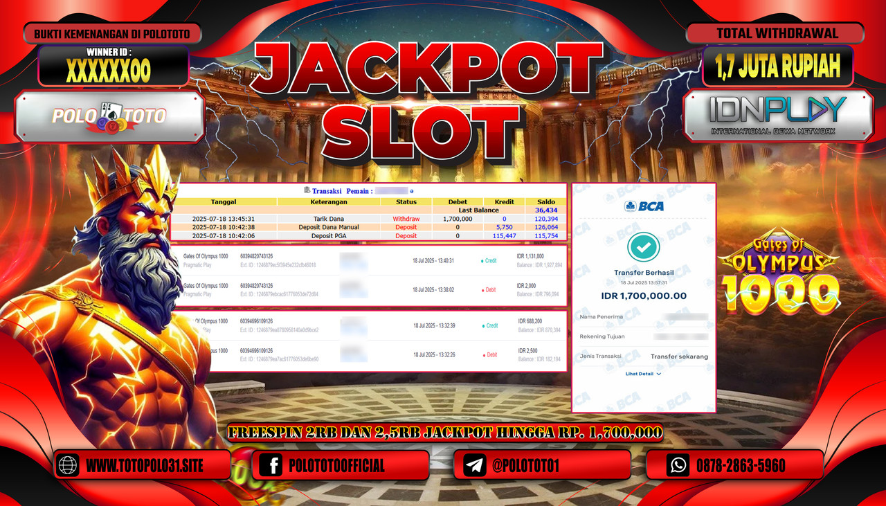 POLOTOTO JACKPOT SLOT GATES OF OLYMPUS 1000 Rp.1.700.000,- LUNAS