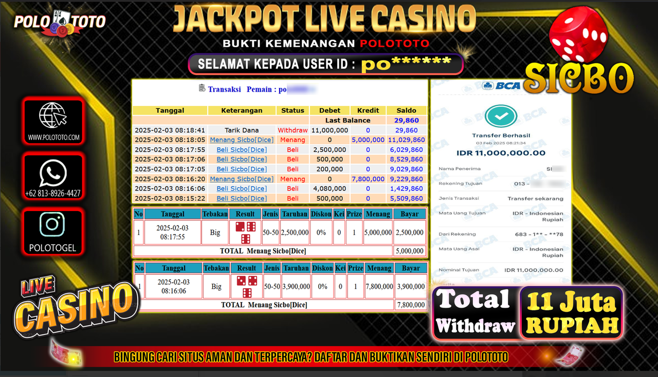POLOTOTO JACKPOT LIVE CASINO SICBO Rp.11,000.000,-