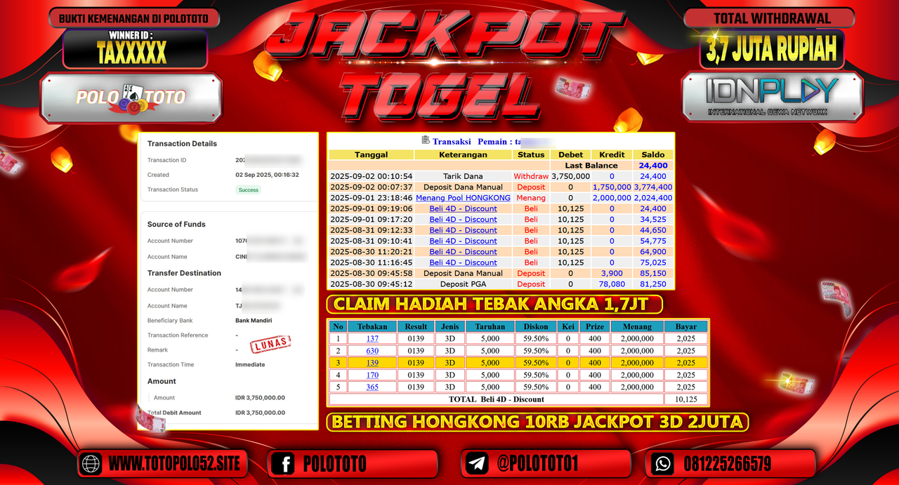 POLOTOTO JACKPOT TOGEL HONGKONG LOTTO Rp.3.750.000,-