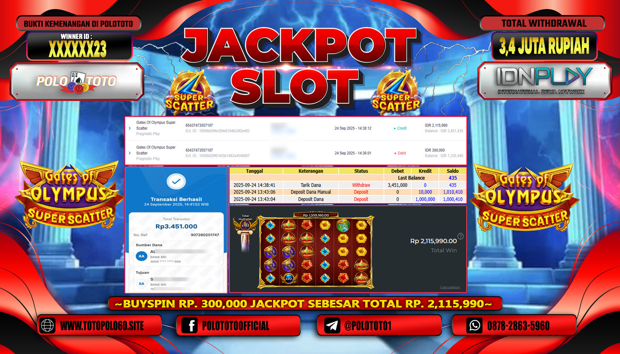 POLOTOTO JACKPOT SLOT GATES OF OLYMPUS SUPER SCATTER Rp.3.451.000,- LUNAS