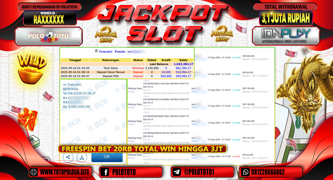 POLOTOTO JACKPOT SLOT MAHJONG WAYS Rp.3.150.000,-