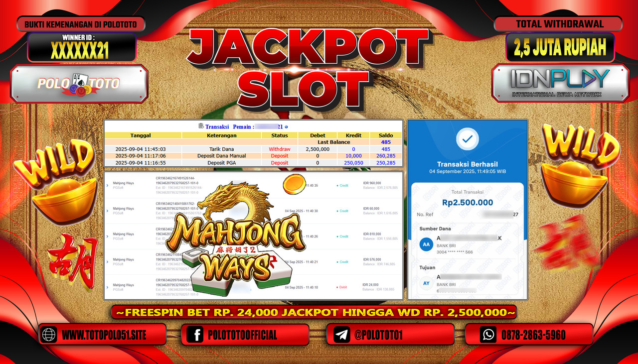 POLOTOTO JACKPOT SLOT MAHJONG WAYS Rp.2.500.000,- LUNAS