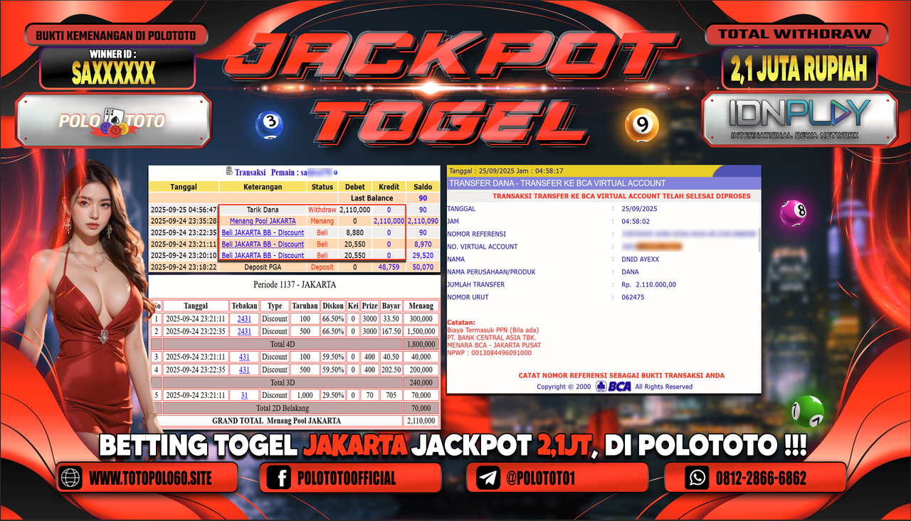 POLOTOTO JACKPOT TOGEL JAKARTA POOLS Rp.2.100.000,- LUNAS